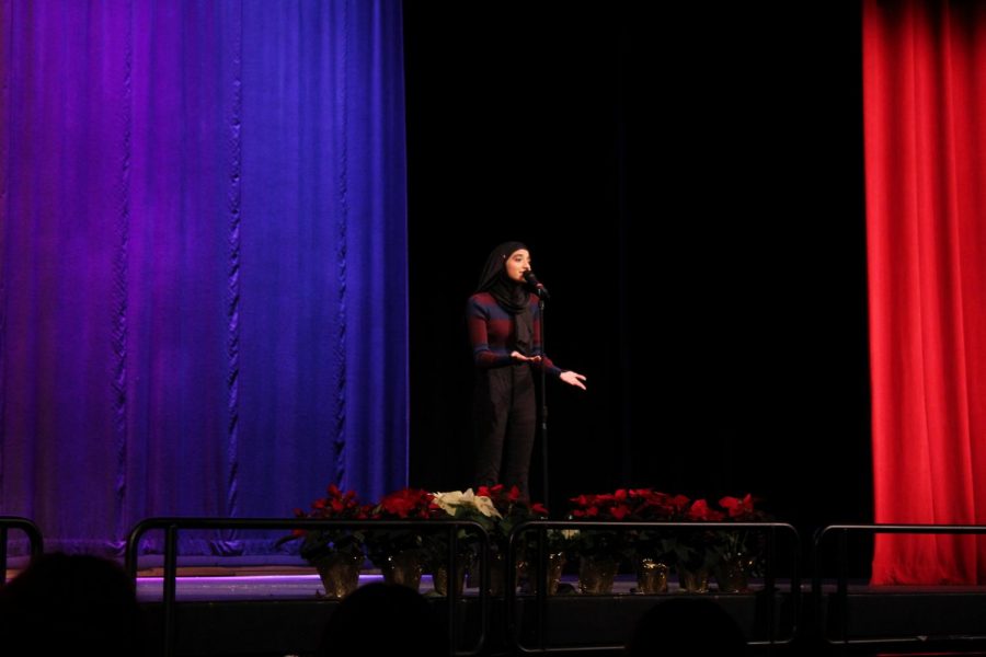 Senior Rida Qureshi: “This is my fourth poetry out loud. Freshman year I competed, and I placed second. Sophomore year I won the school competition, I won regionals, and I made it to finals.
My first poem is about the feeling that music gives the poet, so he’s talking about how overwhelmed he is by how good it is. The second poem is a metaphor about race relations in the United States and stereotypes and how dogs don’t have those stereotypes. The poet wishes for that simplicity.
It’s all your jurisdiction, it’s how you run it. You dictate what the poem means, it’s not just someone else’s words in your mouth, it’s your words in your mouth.”