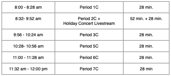 Modified schedule for Thursday, December 23. 