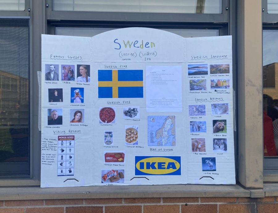 The Sweden booth displays famous Swedes, Swedish foods, and fun facts about the country.