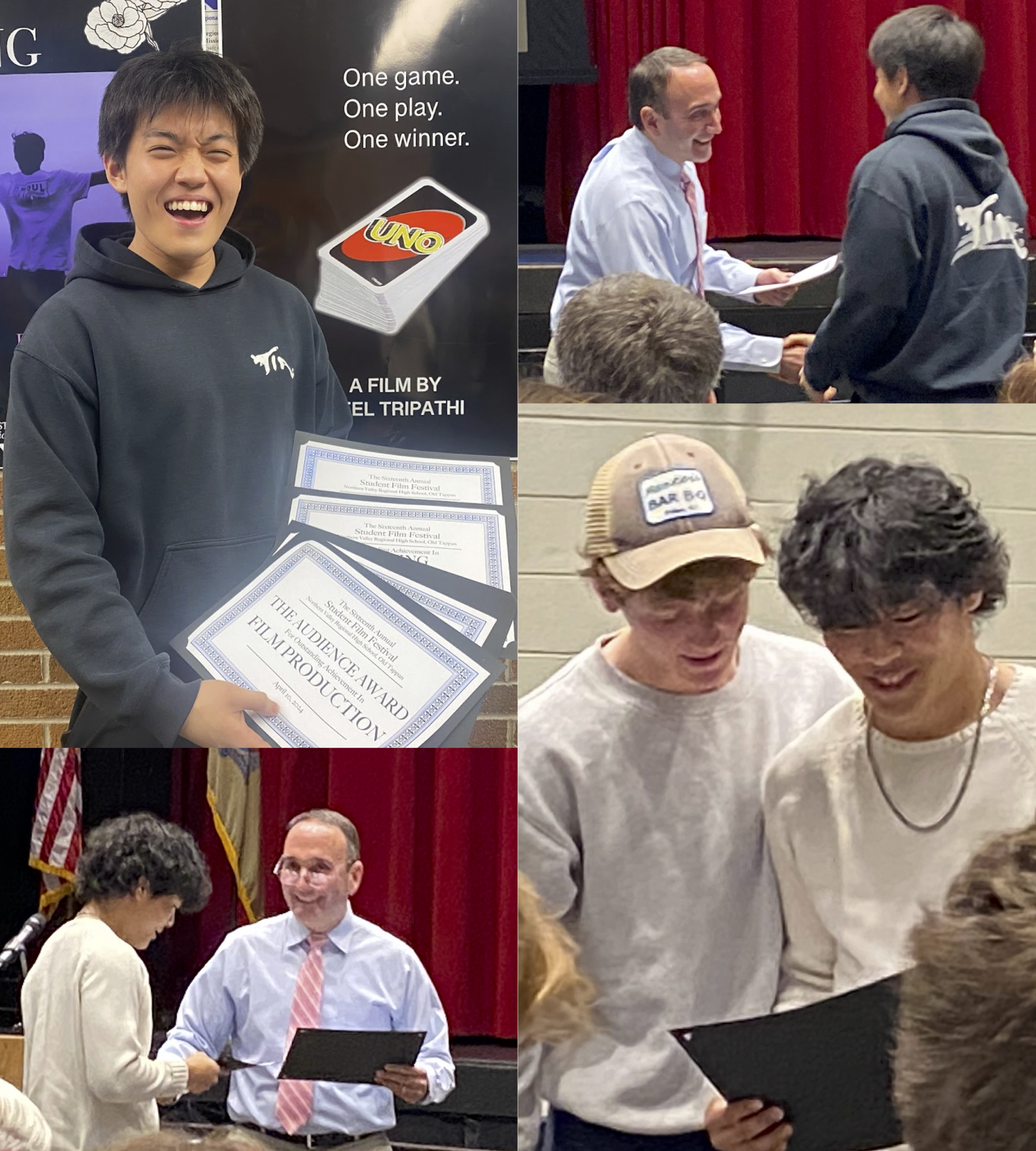 Top Left: Andrew Kim shares a moment of pride with his four awards for his film Loving Rue.
Top Right: Film Studies teacher John Housley presents an award to Kim.
Bottom Left: Keonho Timothy Lee goes up to receive an award for his and Roman Gattis film Eyes on the Hill.
Bottom Right: Gatti and Lee react to their award.