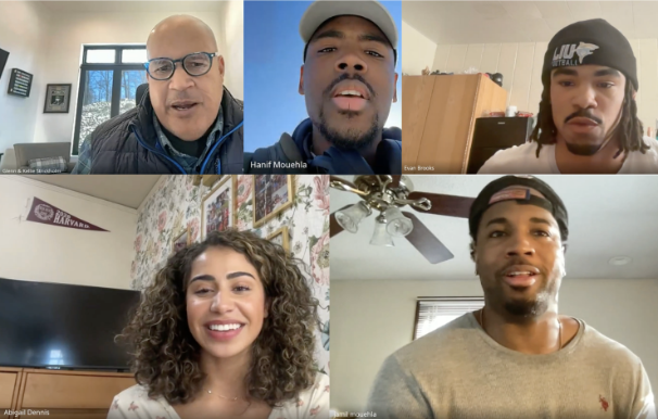 From top left: Glenn Strickholm, Hanif Mouehla, Evan Brooks, Abigail Dennis, and Jamil Mouehla on the BHCC Zoom meeting.
